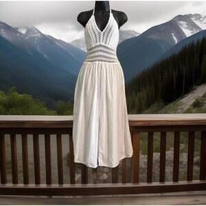 Sea Spice Resort Cotton Cover‎ Double Slit M White Lace Crochet Smocked Dress